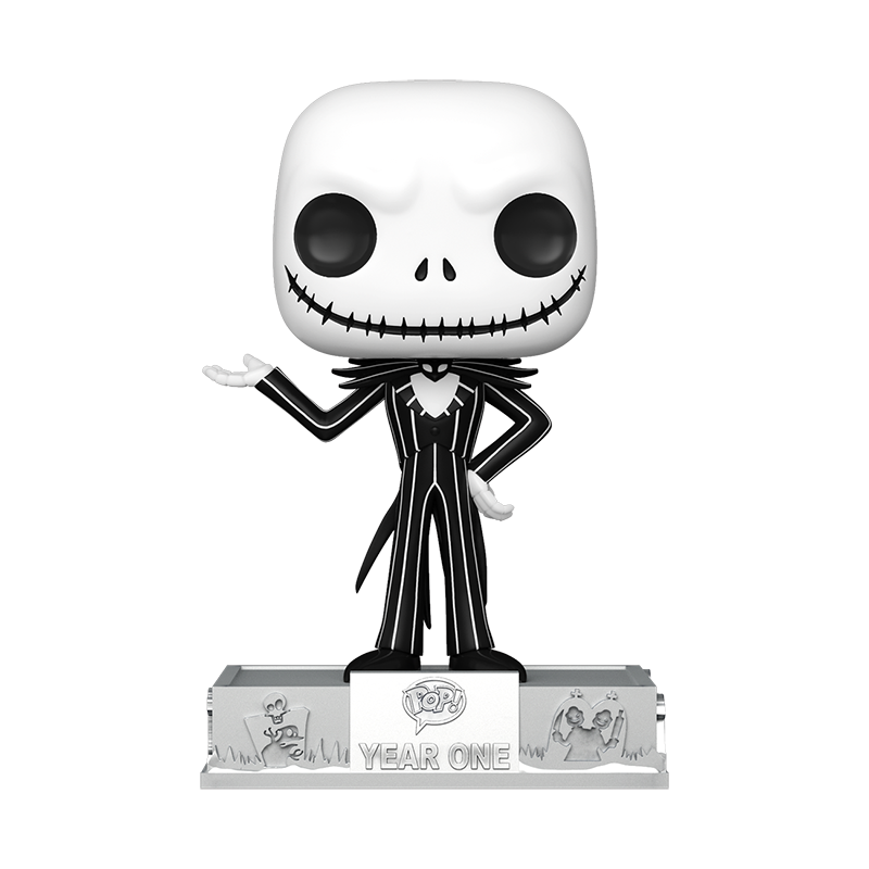 Pop! Classics Jack Skellington, posed on a silver base in classic pin-striped suit attire.